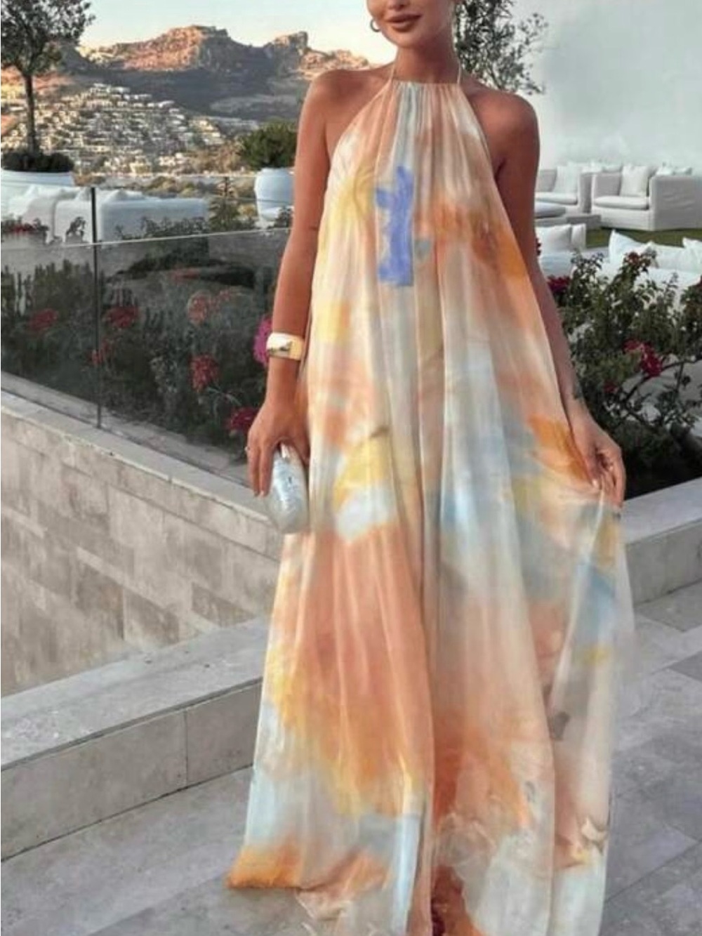 Watercolor Halter Maxi Dress in Peach & Sky